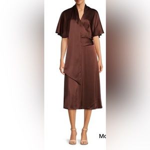Alex Marie Giselle Satin Surplice V-Neck Drape Short Kimono Sleeve Midi Dress